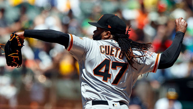 OAKLAND, CA - JULY 22: Johnny Cueto #47 of the San Francisco Giants pitches against the Oakland Athletics during the first inning at the Oakland Coliseum on July 22, 2018 in Oakland, California.