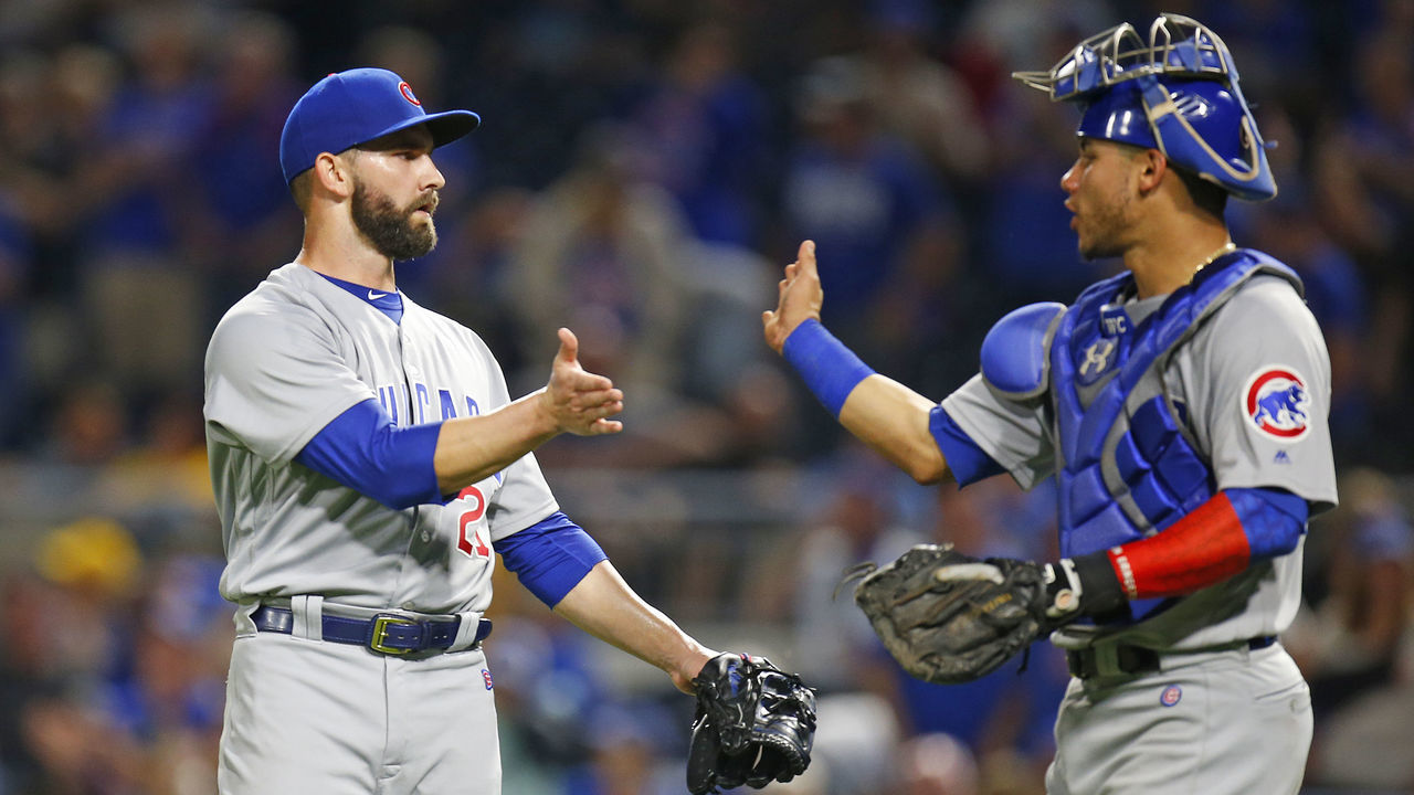 PITTSBURGH, PA - AUGUST 01: Brandon Kintzler #21 of the Chicago Cubs and Willson Contreras #40 of the Chicago Cubs celebrate after defeating the Pittsburgh Pirates at PNC Park on August 1, 2018 in Pittsburgh, Pennsylvania.