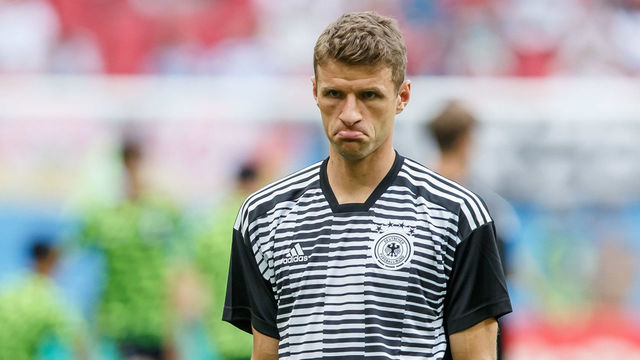 KAZAN, RUSSIA - JUNE 27: Thomas Mueller of Germany looks on prior to the 2018 FIFA World Cup Russia group F match between Korea Republic and Germany at Kazan Arena on June 27, 2018 in Kazan, Russia.