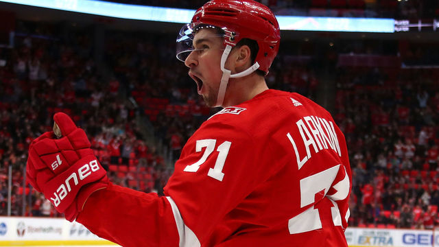 DETROIT, MI - MARCH 31: Dylan Larkin #71 of the Detroit Red Wings celebrates his second period goal while playing the Ottawa Senators at Little Caesars Arena on March 31, 2018 in Detroit, Michigan.