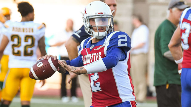 MONTREAL, QC - JULY 26: Montreal Alouettes Quarterback Johnny Manziel (2) throws the ball at warm-up before the Edmonton Eskimos versus the Montreal Alouettes game on July 26, 2018, at Percival Molson Memorial Stadium in Montreal, QC