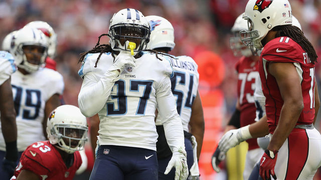 GLENDALE, AZ - DECEMBER 10: Strong safety Johnathan Cyprien #37 of the Tennessee Titans reacts to a tackle during the NFL game against the Arizona Cardinals at the University of Phoenix Stadium on December 10, 2017 in Glendale, Arizona. The Cardinals defeated the Titans 12-7.