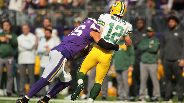 MINNEAPOLIS, MN - OCTOBER 15: Anthony Barr #55 of the Minnesota Vikings hits quarterback Aaron Rodgers #12 of the Green Bay Packers during the first quarter of the game on October 15, 2017 at US Bank Stadium in Minneapolis, Minnesota.