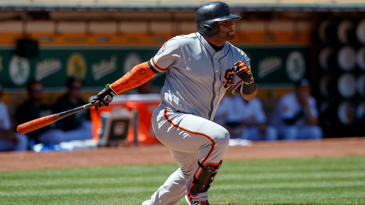 OAKLAND, CA - JULY 22: Pablo Sandoval #48 of the San Francisco Giants hits a two run double against the Oakland Athletics during the seventh inning at the Oakland Coliseum on July 22, 2018 in Oakland, California. The Oakland Athletics defeated the San Francisco Giants 6-5 in 10 innings.