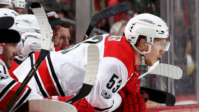 NEWARK, NJ - MARCH 25: Jeff Skinner #53 of the Carolina Hurricanes encourages his teammates from the bench in the first period against the New Jersey Devils on March 25, 2017 at Prudential Center in Newark, New Jersey.