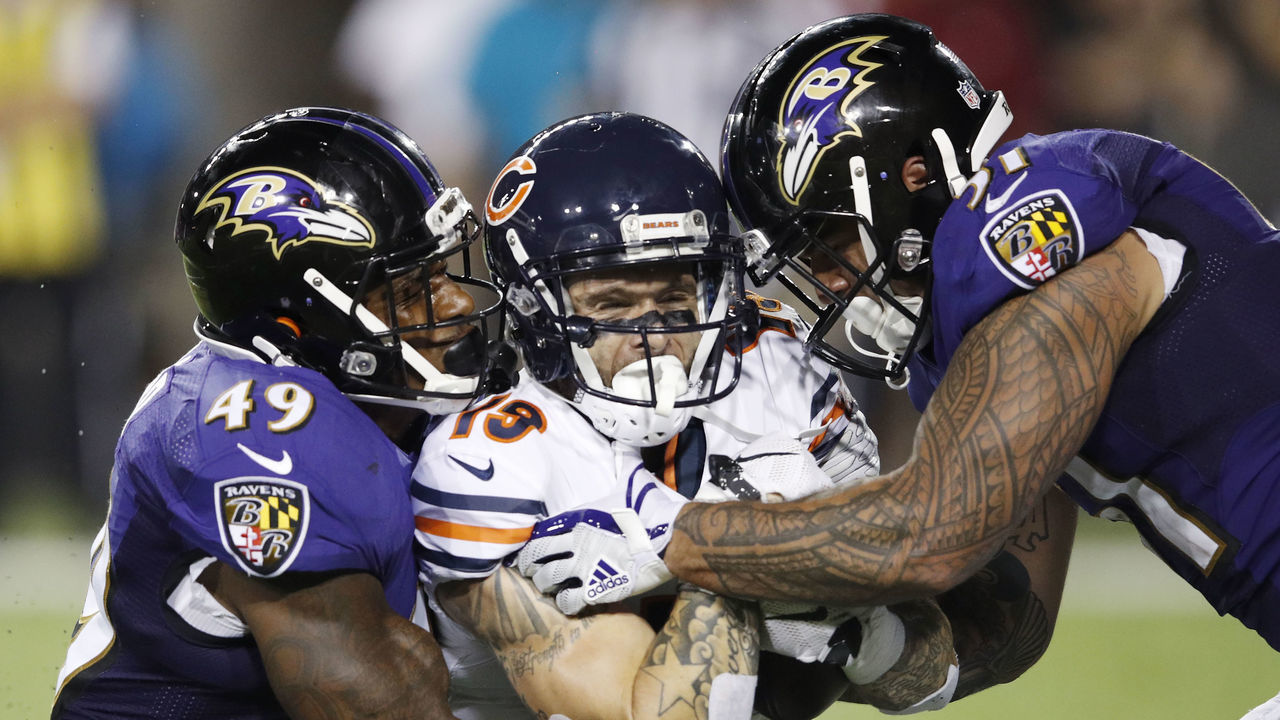 CANTON, OH - AUGUST 02: Kamalei Correa #51 and Chris Board #49 of the Baltimore Ravens are called for an illegal hit while tackling Tanner Gentry #19 of the Chicago Bears in the third quarter of the Hall of Fame Game at Tom Benson Hall of Fame Stadium on August 2, 2018 in Canton, Ohio.