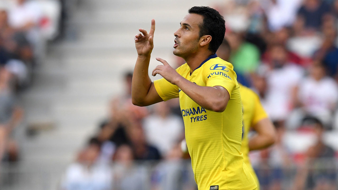 NICE, FRANCE - JULY 28: Pedro of Chelsea celebrates after scoring his team's first goal the International Champions Cup 2018 match between Chelsea and FC Internazionale at Allianz Riviera Stadium on July 28, 2018 in Nice, France.