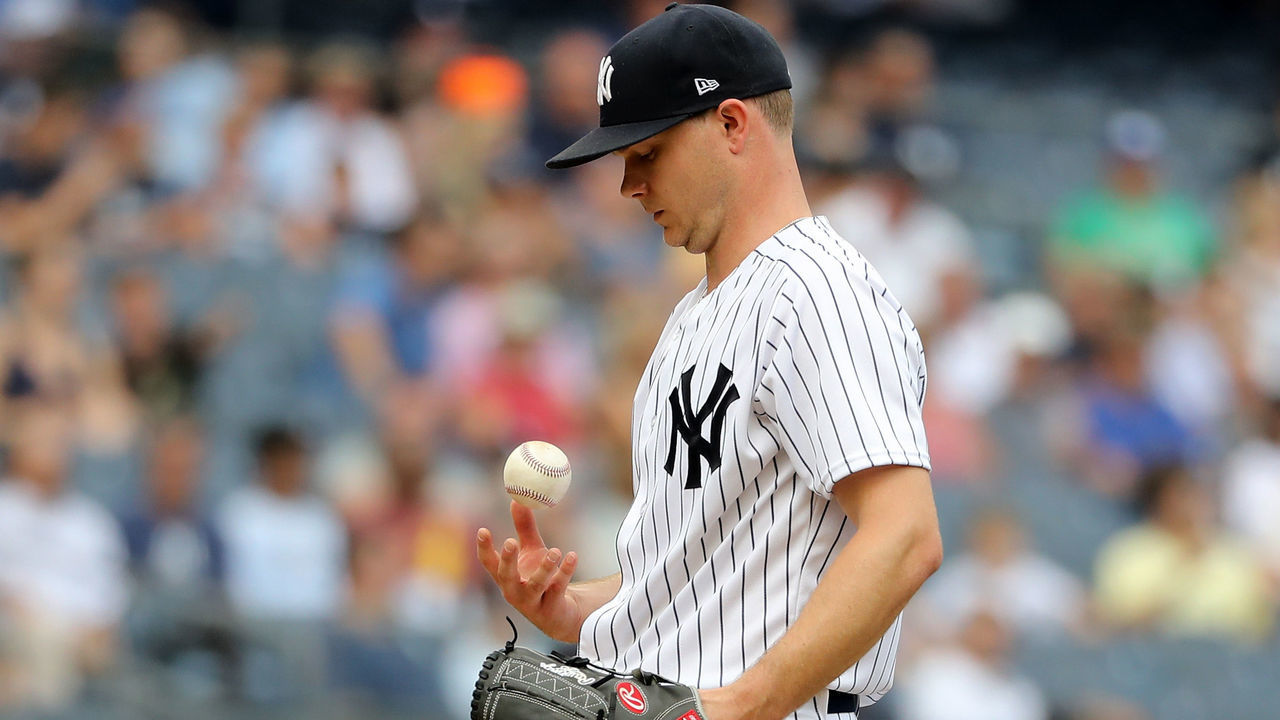 NEW YORK, NY - AUGUST 01: Sonny Gray #55 of the New York Yankees reacts in the second inning against the Baltimore Orioles at Yankee Stadium on August 1, 2018 in the Bronx borough of New York City.