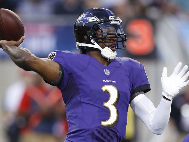 CANTON, OH - AUGUST 02: Robert Griffin III #3 of the Baltimore Ravens looks to pass in the first quarter of the Hall of Fame Game against the Chicago Bears at Tom Benson Hall of Fame Stadium on August 2, 2018 in Canton, Ohio.