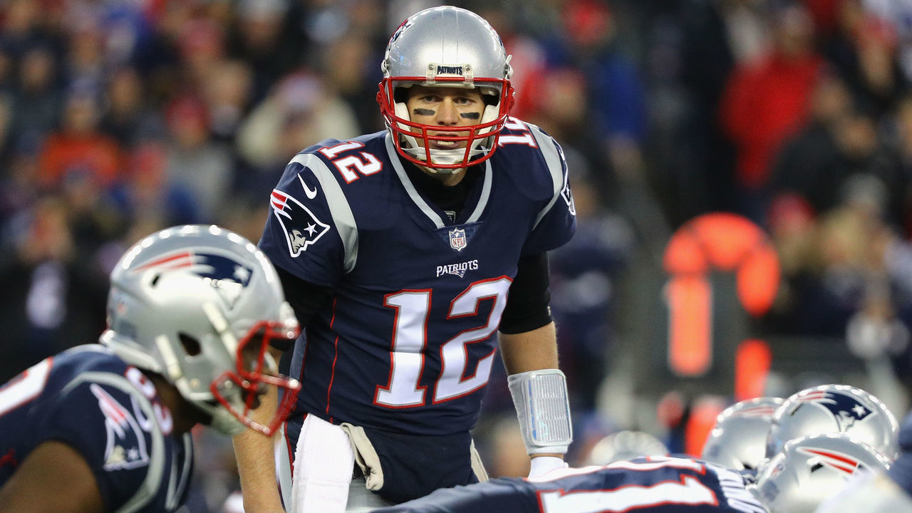 FOXBOROUGH, MA - JANUARY 21: Tom Brady #12 of the New England Patriots reacts in the second half during the AFC Championship Game against the Jacksonville Jaguars at Gillette Stadium on January 21, 2018 in Foxborough, Massachusetts.