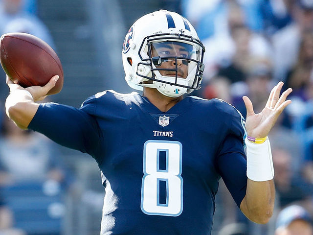 NASHVILLE, TN - NOVEMBER 05: Marcus Mariota #8 of the Tennessee Titans throws a pass against the Baltimore Ravens during the first half at Nissan Stadium on November 5, 2017 in Nashville, Tennessee.