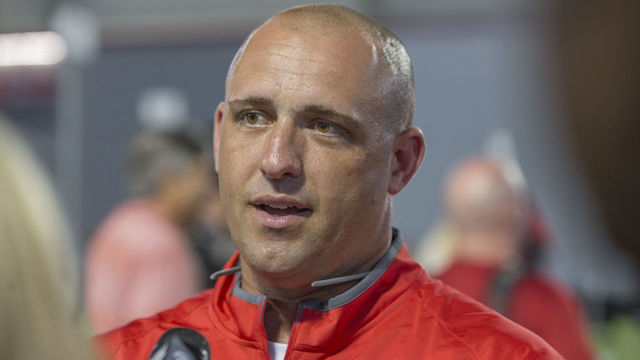 August 16 2015: Coach Zach Smith talking to the media during the Ohio State Football Media Day at the Woody Hayes Athletic Center in Columbus, Ohio.