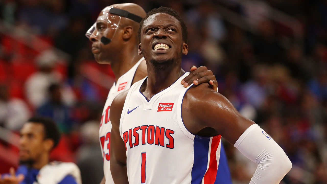 DETROIT, MI - DECEMBER 22: Reggie Jackson #1 of the Detroit Pistons reacts after missing a late fourth quarter free throw next to Anthony Tolliver #43 while playing the New York Knicks at Little Caesars Arena on December 22, 2017 in Detroit, Michigan.