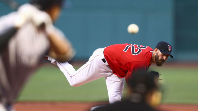BOSTON, MA - AUGUST 03: Rick Porcello #22 of the Boston Red Sox pitches Giancarlo Stanton #27 of the New York Yankees at the top of the first inning of the game against the New York Yankees at Fenway Park on August 3, 2018 in Boston, Massachusetts.