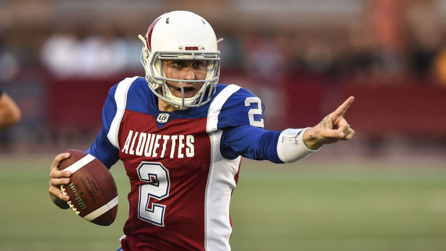 MONTREAL, QC - AUGUST 03: Quarterback Johnny Manziel #2 of the Montreal Alouettes looks to play the ball against the Hamilton Tiger-Cats during the CFL game at Percival Molson Stadium on August 3, 2018 in Montreal, Quebec, Canada.