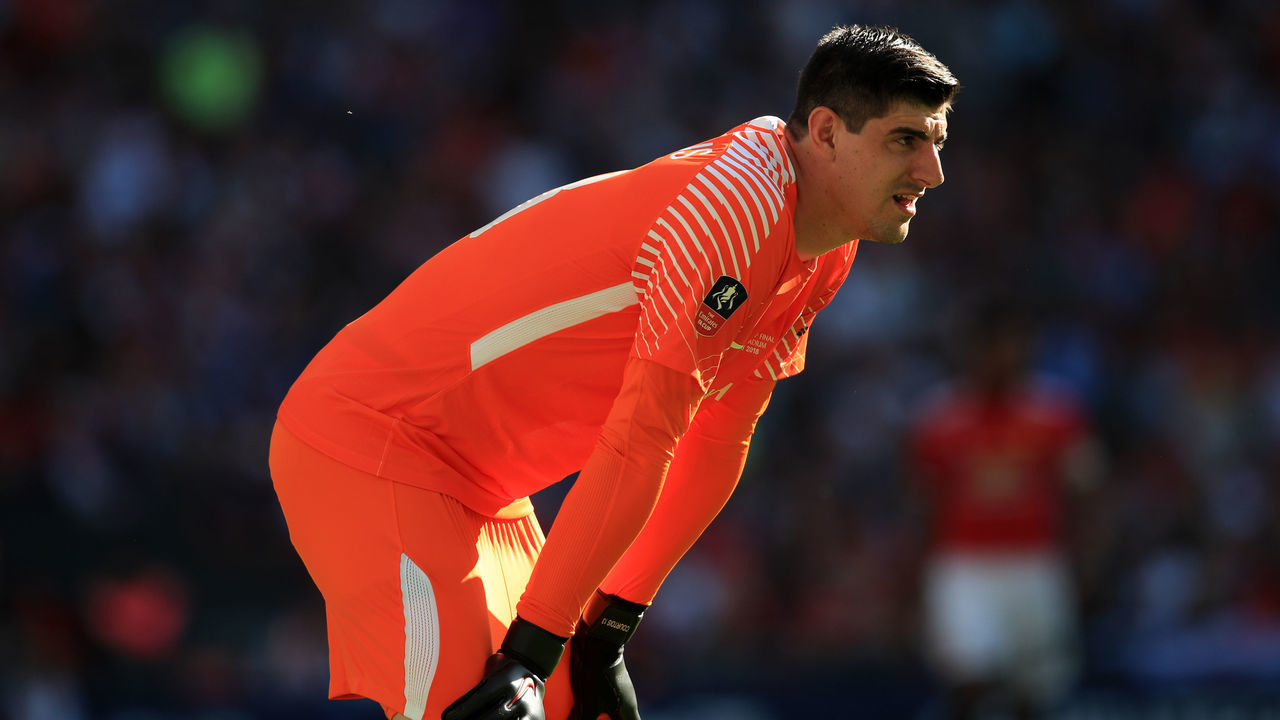 LONDON, ENGLAND - MAY 19: Chelsea goalkeeper Thibaut Courtois during The Emirates FA Cup Final between Chelsea and Manchester United at Wembley Stadium on May 19, 2018 in London, England.