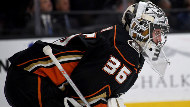 LAS VEGAS, NV - FEBRUARY 19: John Gibson #36 of the Anaheim Ducks tends net in the second period of a game against the Vegas Golden Knights at T-Mobile Arena on February 19, 2018 in Las Vegas, Nevada. The Ducks won 2-0.
