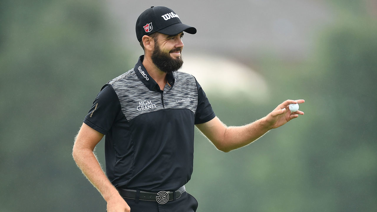 LEXINGTON, KY - JULY 23: Troy Merritt waves to the crowd following a putt on the ninth hole during a continuation of the final round of the Barbasol Championship at Keene Trace Golf Club on July 23, 2018 in Lexington, Kentucky.