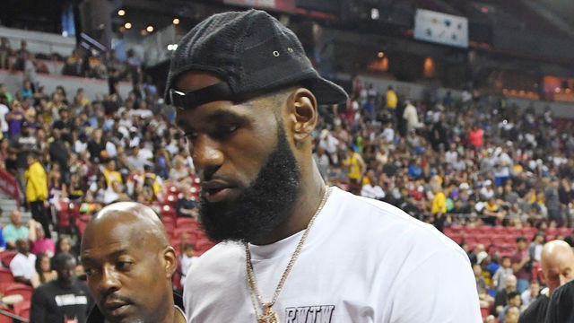 LAS VEGAS, NV - JULY 15: LeBron James of the Los Angeles Lakers attends a quarterfinal game of the 2018 NBA Summer League between the Lakers and the Detroit Pistons at the Thomas & Mack Center on July 15, 2018 in Las Vegas, Nevada.