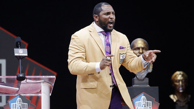 CANTON, OH - AUGUST 04: Ray Lewis speaks during the 2018 NFL Hall of Fame Enshrinement Ceremony at Tom Benson Hall of Fame Stadium on August 4, 2018 in Canton, Ohio.