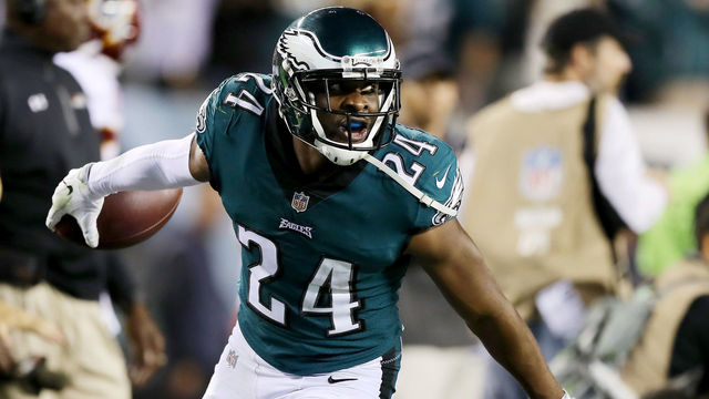 PHILADELPHIA, PA - OCTOBER 23: Corey Graham #24 of the Philadelphia Eagles celebrates his interception in the fourth quarter against the Washington Redskins on October 23, 2017 at Lincoln Financial Field in Philadelphia, Pennsylvania.