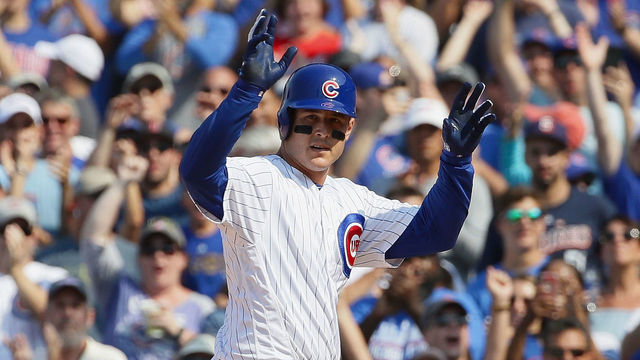 CHICAGO, IL - AUGUST 05: Anthony Rizzo #44 of the Chicago Cubs celebrates his pinch hit, run scoring single in the 7th inning against the San Diego Padres at Wrigley Field on August 5, 2018 in Chicago, Illinois.