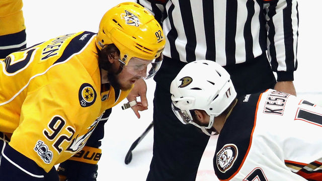NASHVILLE, TN - MAY 16: Ryan Johansen #92 of the Nashville Predators speaks with Ryan Kesler #17 of the Anaheim Ducks in Game Three of the Western Conference Final during the 2017 NHL Stanley Cup Playoffs at the Bridgestone Arena on May 16, 2017 in Nashville, Tennessee. The Predators defeated the Ducks 2-1.