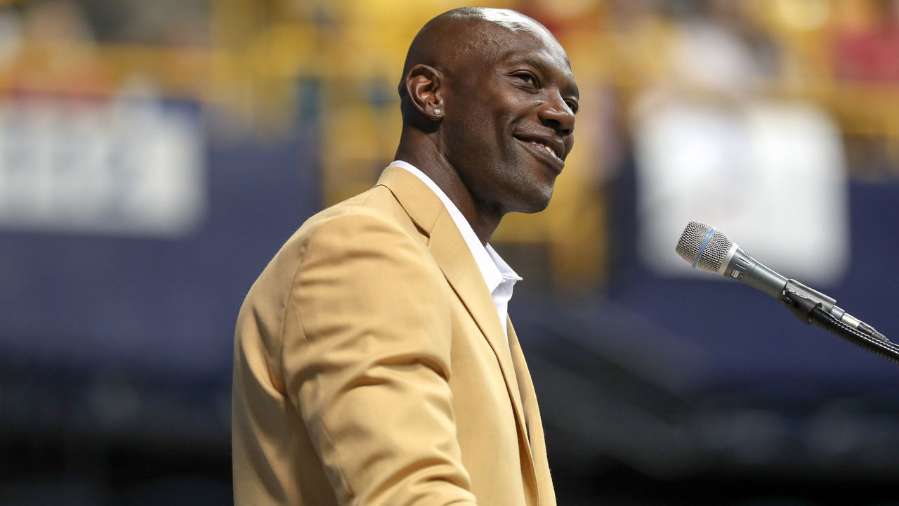 CHATTANOOGA, TN - AUGUST 04: Instead of going to Canton, Ohio for the NFL Pro Football Hall of Fame Enshrinement Ceremony, Terrell Owens delivers his induction speech with joy and appreciation at the University of Tennessee at Chattanooga, his alma mater on Aug. 4, 2018 at McKenzie Arena in Chattanooga, Tennessee