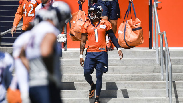 CENTENNIAL, CO - JUNE 13: Denver Broncos punter Marquette King (1) emerges from the indoor practice facility during the team's mandatory minicamp on Wednesday, June 13, 2018.