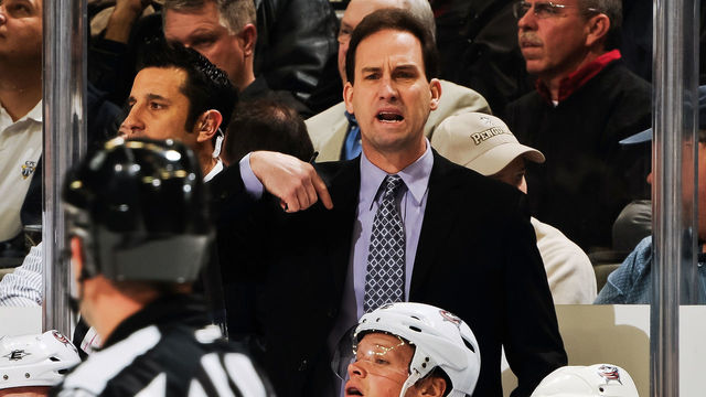 PITTSBURGH, PA - FEBRUARY 8: Head Coach Scott Arniel of the Columbus Blue Jackets talks with a referee during a game against the Pittsburgh Penguins on February 8, 2011 at CONSOL Energy Center in Pittsburgh, Pennsylvania.