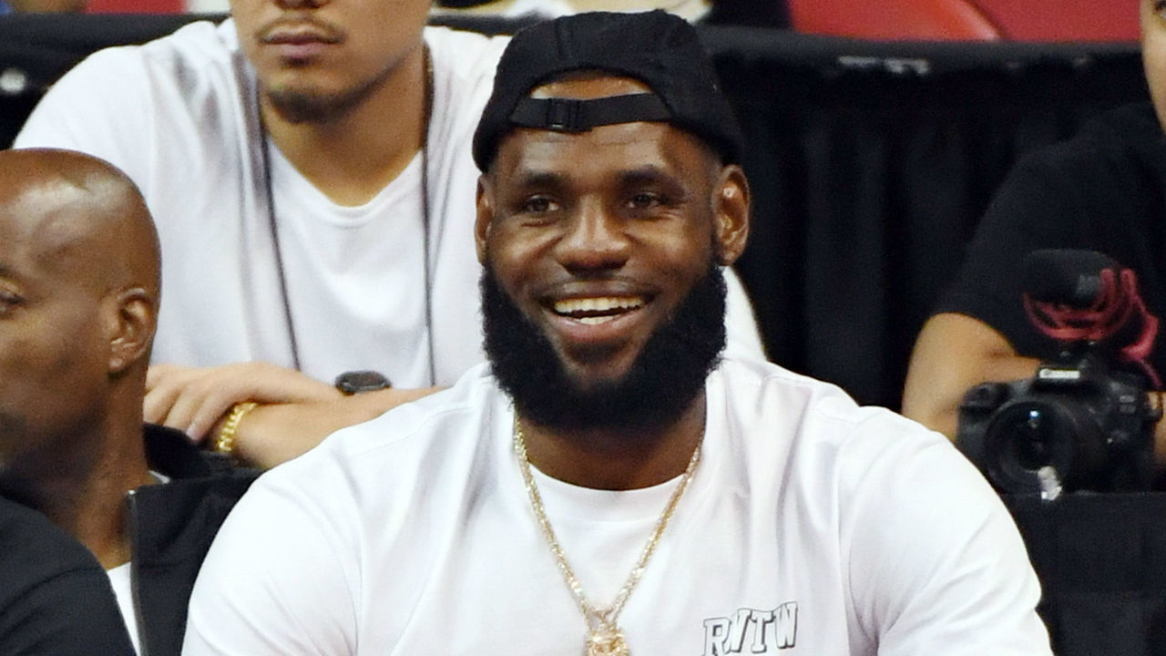 LAS VEGAS, NV - JULY 15: LeBron James of the Los Angeles Lakers attends a quarterfinal game of the 2018 NBA Summer League between the Lakers and the Detroit Pistons at the Thomas & Mack Center on July 15, 2018 in Las Vegas, Nevada.