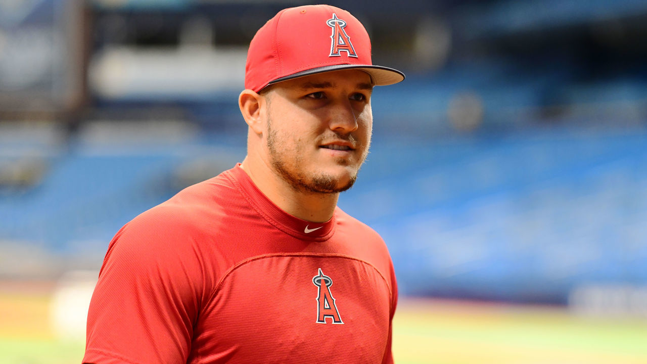 ST PETERSBURG, FL - AUG 1: Mike Trout #27 of the Los Angeles Angels looks on during batting practice before a baseball game against the Tampa Bay Rays on August 1, 2018 at Tropicana Field in St Petersburg, Florida.