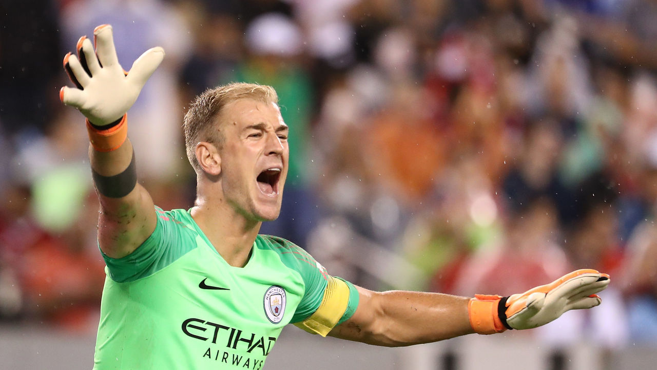 EAST RUTHERFORD, NJ - JULY 25: Manchester City's goalkeeper Joe Hart reacts during the game between Liverpool and Manchester City at MetLife Stadium on July 25, 2018 in East Rutherford, New Jersey.