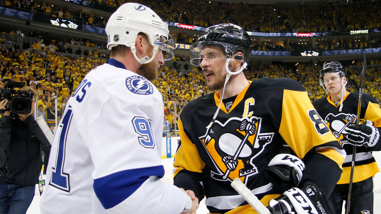PITTSBURGH, PA - MAY 26: Steven Stamkos #91 of the Tampa Bay Lightning congratulates Sidney Crosby #87 of the Pittsburgh Penguins after defeating the Tampa Bay Lightning in Game Seven of the Eastern Conference Final with a score of 2 to 1 during the 2016 NHL Stanley Cup Playoffs at Consol Energy Center on May 26, 2016 in Pittsburgh, Pennsylvania.