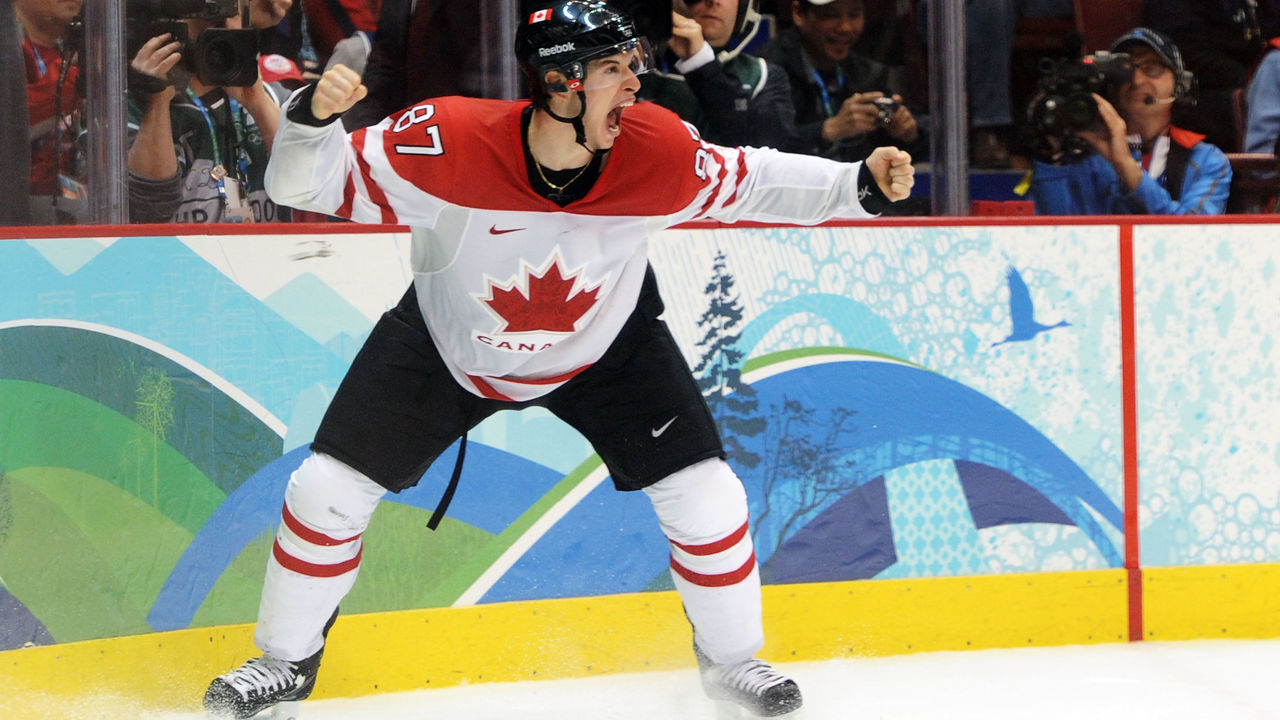 VANCOUVER, BC - FEBRUARY 28: Sidney Crosby #87 of Canada celebrates after scoring the matchwinning goal in overtime during the ice hockey men's gold medal game between USA and Canada on day 17 of the Vancouver 2010 Winter Olympics at Canada Hockey Place on February 28, 2010 in Vancouver, Canada.