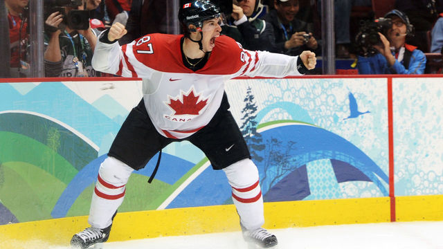 VANCOUVER, BC - FEBRUARY 28: Sidney Crosby #87 of Canada celebrates after scoring the matchwinning goal in overtime during the ice hockey men's gold medal game between USA and Canada on day 17 of the Vancouver 2010 Winter Olympics at Canada Hockey Place on February 28, 2010 in Vancouver, Canada.