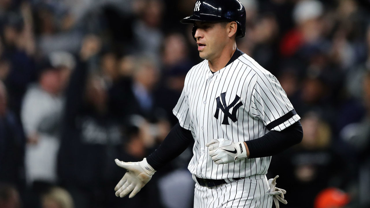 NEW YORK, NEW YORK - OCTOBER 17: Jacoby Ellsbury #22 of the New York Yankees reacts after scoring in the eighth inning against the Houston Astros during Game Four of the American League Championship Series at Yankee Stadium on October 17, 2017 in the Bronx borough of New York City.