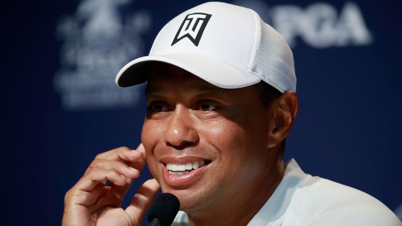 ST. LOUIS, MO - AUGUST 07: Tiger Woods of the United States speaks to the media during a press conference prior to the 2018 PGA Championship at Bellerive Country Club on August 7, 2018 in St. Louis, Missouri.