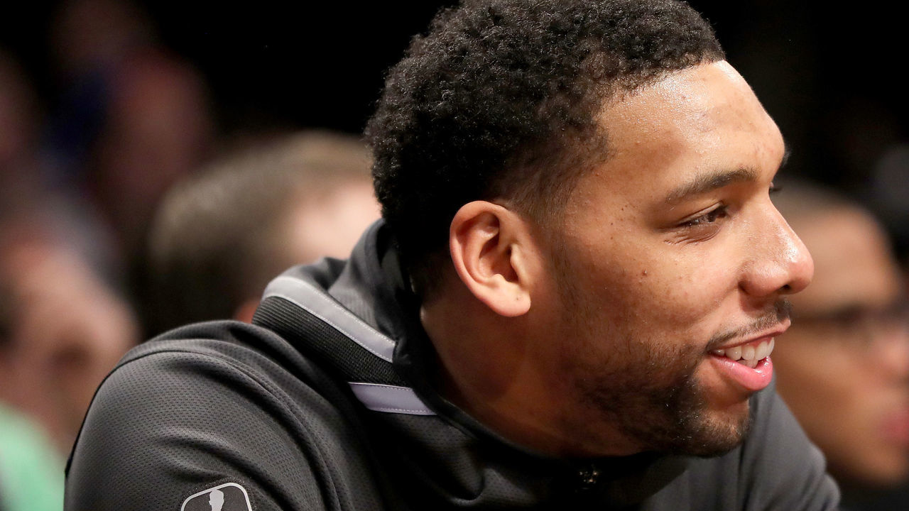NEW YORK, NY - DECEMBER 14: Jahlil Okafor #4 of the Brooklyn Nets looks on from the bench in the first half against the New York Knicks at the Barclays Center on December 14, 2017 in the Brooklyn borough of New York City.