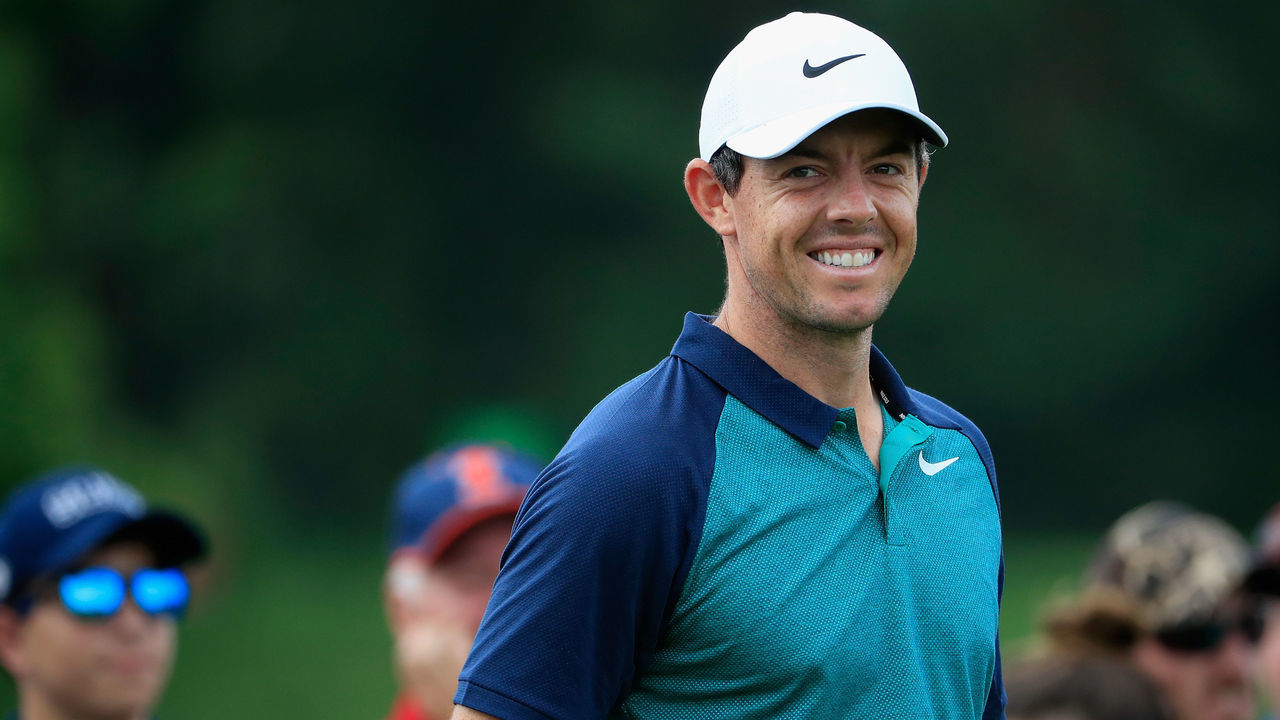 ST. LOUIS, MO - AUGUST 07: Rory McIlroy of Northern Ireland smiles on the third tee during a practice round prior to the 2018 PGA Championship at Bellerive Country Club on August 7, 2018 in St. Louis, Missouri.