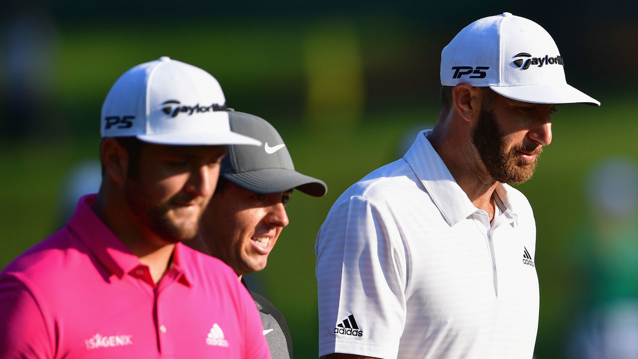 ST LOUIS, MO - AUGUST 08: (L-R) Jon Rahm of Spain, Rory McIlroy of Northern Ireland and Dustin Johnson of the United States walk together during a practice round prior to the 2018 PGA Championship at Bellerive Country Club on August 8, 2018 in St Louis, Missouri.