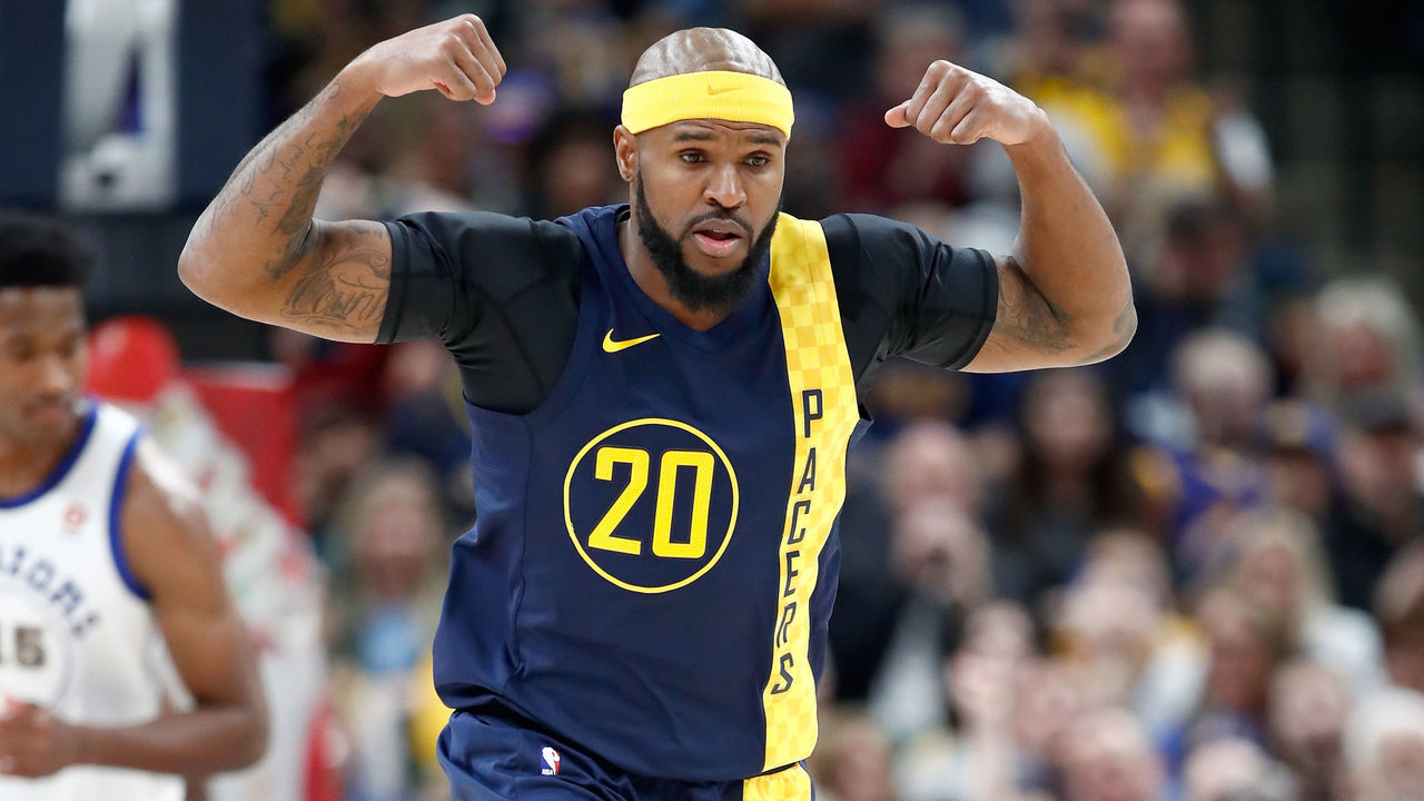 INDIANAPOLIS, IN - APRIL 05: Trevor Booker #20 of the Indiana Pacers celebrates against the Golden State Warrriors during the game at Bankers Life Fieldhouse on April 5, 2018 in Indianapolis, Indiana.