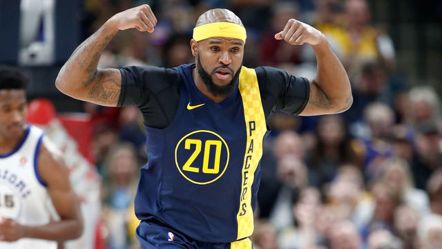 INDIANAPOLIS, IN - APRIL 05: Trevor Booker #20 of the Indiana Pacers celebrates against the Golden State Warrriors during the game at Bankers Life Fieldhouse on April 5, 2018 in Indianapolis, Indiana.