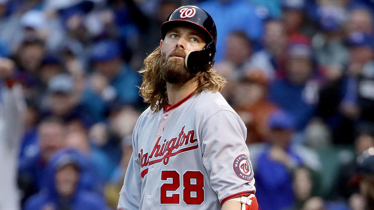 CHICAGO, IL - OCTOBER 11: Jayson Werth #28 of the Washington Nationals reacts after striking out in the third inning during game four of the National League Division Series against the Chicago Cubs at Wrigley Field on October 11, 2017 in Chicago, Illinois.