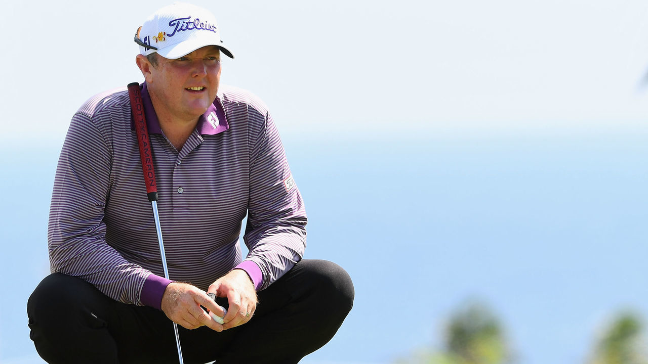 NATADOLA, FIJI - OCTOBER 06: Jarrod Lyle of Australia lines up a putt during day one of the Fiji International at Natadola Bay Golf Course on October 6, 2016 in Natadola, Fiji.