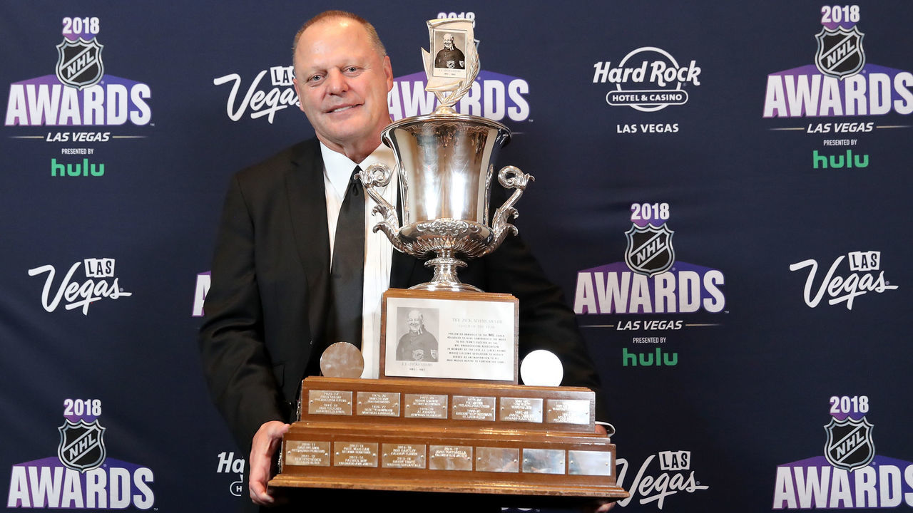 LAS VEGAS, NV - JUNE 20: Head coach Gerard Gallant of the Vegas Golden Knights poses with the Jack Adams Award given to the top head coach in the press room at the 2018 NHL Awards presented by Hulu at the Hard Rock Hotel & Casino on June 20, 2018 in Las Vegas, Nevada.