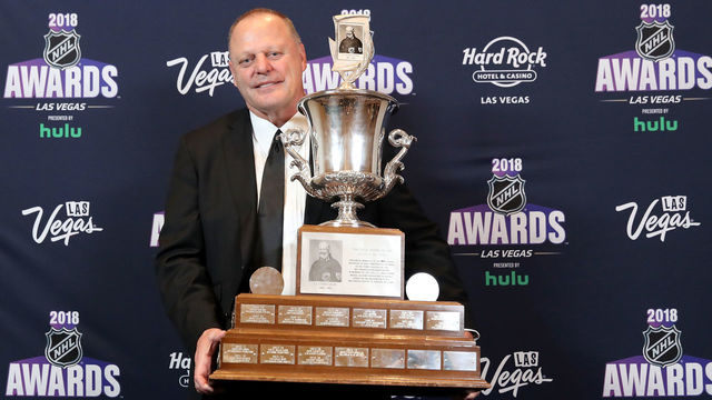 LAS VEGAS, NV - JUNE 20: Head coach Gerard Gallant of the Vegas Golden Knights poses with the Jack Adams Award given to the top head coach in the press room at the 2018 NHL Awards presented by Hulu at the Hard Rock Hotel & Casino on June 20, 2018 in Las Vegas, Nevada.