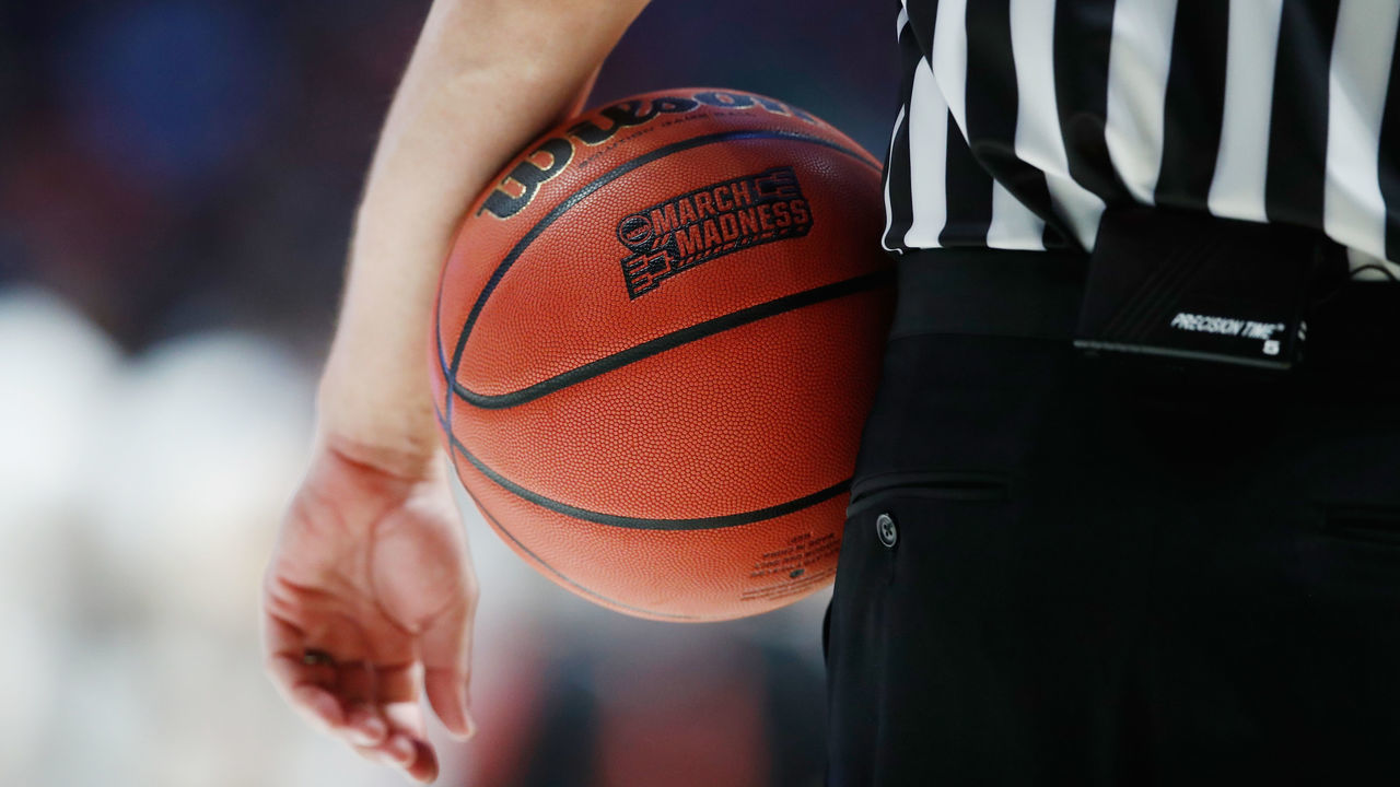 NASHVILLE, TN - MARCH 18: A detail of the March Madness basketball logo as seen during the first half between the Cincinnati Bearcats and the Nevada Wolf Pack in the second round of the 2018 Men's NCAA Basketball Tournament at Bridgestone Arena on March 18, 2018 in Nashville, Tennessee.