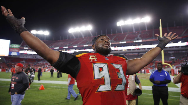 TAMPA, FL - DECEMBER 31: Gerald McCoy #93 of the Tampa Bay Buccaneers celebrates after the game against the New Orleans Saints at Raymond James Stadium on December 31, 2017 in Tampa, Florida. The Buccaneers won 31-24.