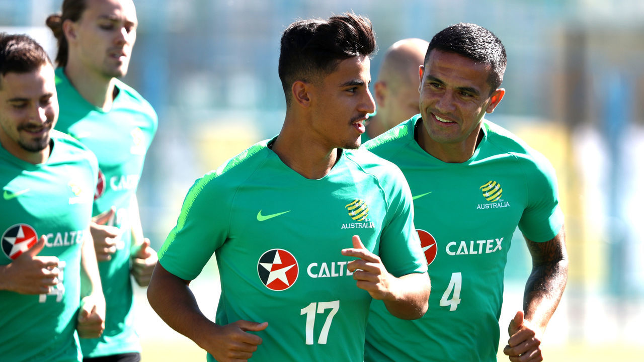 KAZAN, RUSSIA - JUNE 18: Daniel Arzani of Australia warms up during an Australia Socceroos media opportunity at Stadium Trudovye Rezervy on June 18, 2018 in Kazan, Russia.